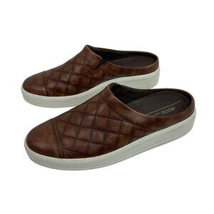 Ecco Woven Stitch Leather Slip-On Mules Womens 10.5-11 Brown